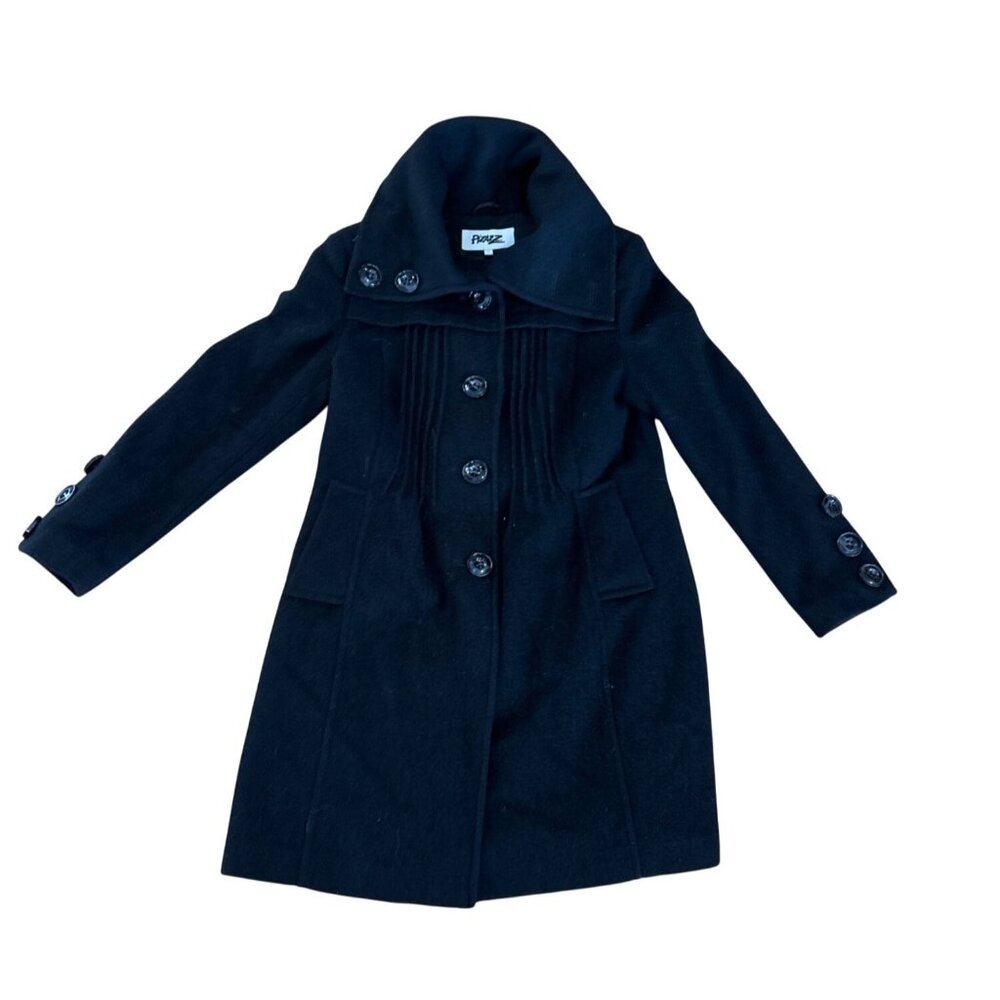 Pizazz Coat Black Wool Blend Womens 14 Button Closure Pleated Long Dress Coat